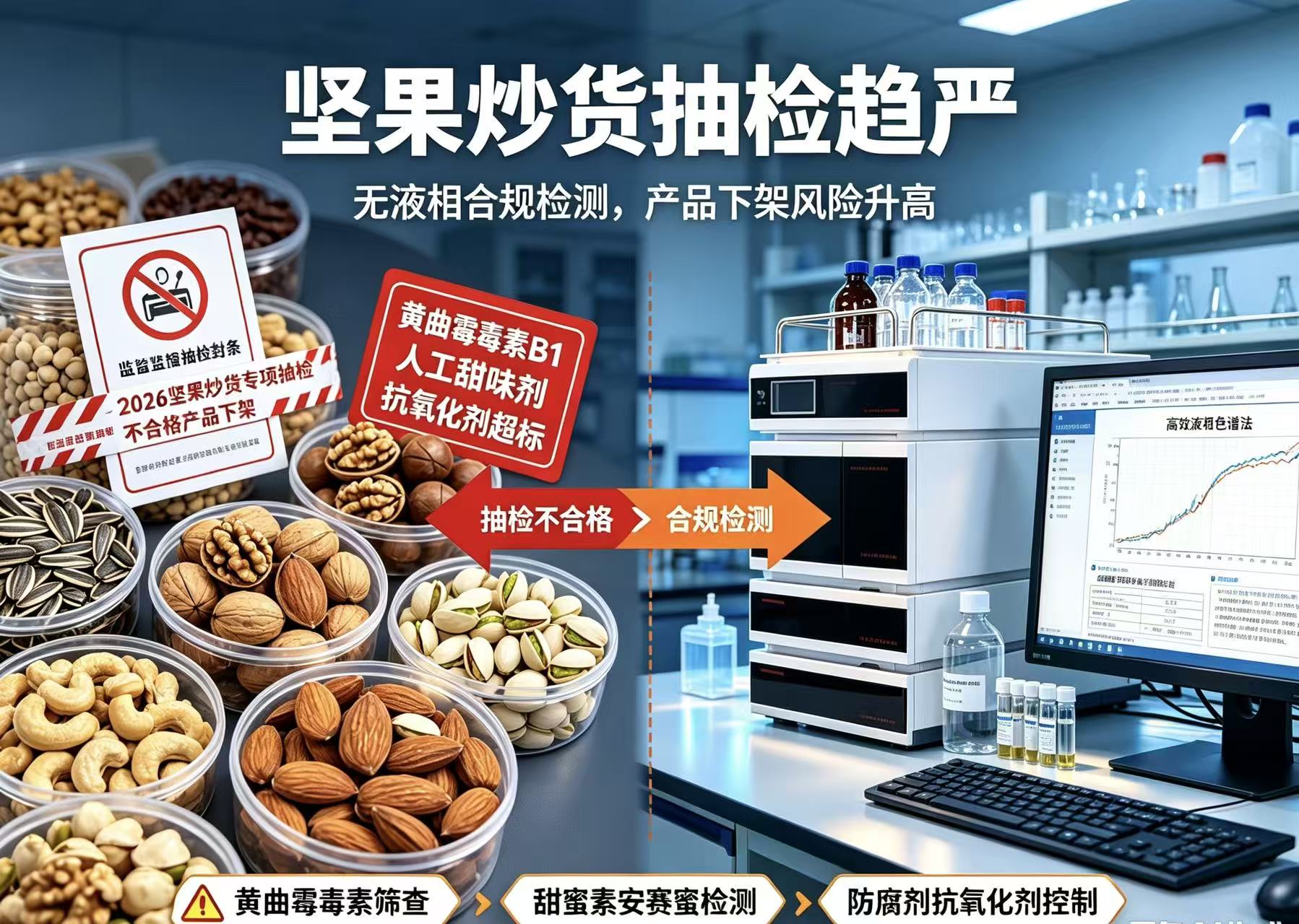 2026 炒货行业严监管,坚果抽检不合格频发!黄曲霉毒素重灾区,液相检测成出厂硬性要求